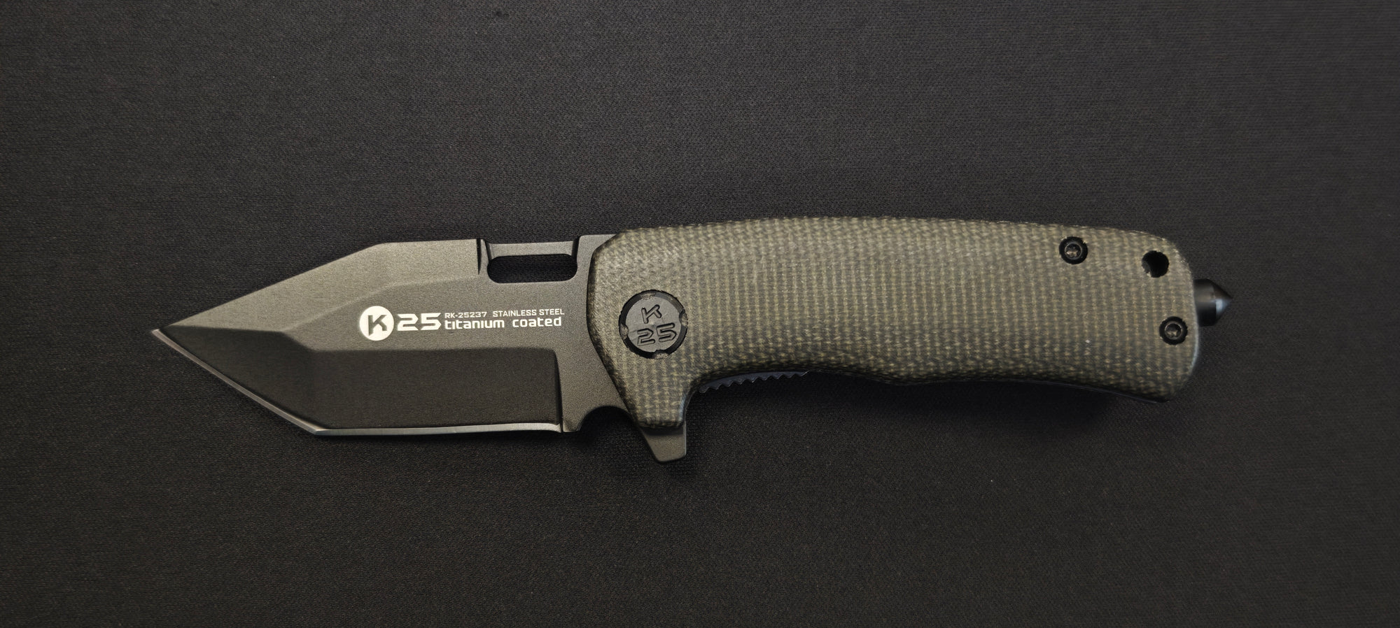 K25 25237 Couteau pliant micarta noir lame 6,5 cm - Brise vitre