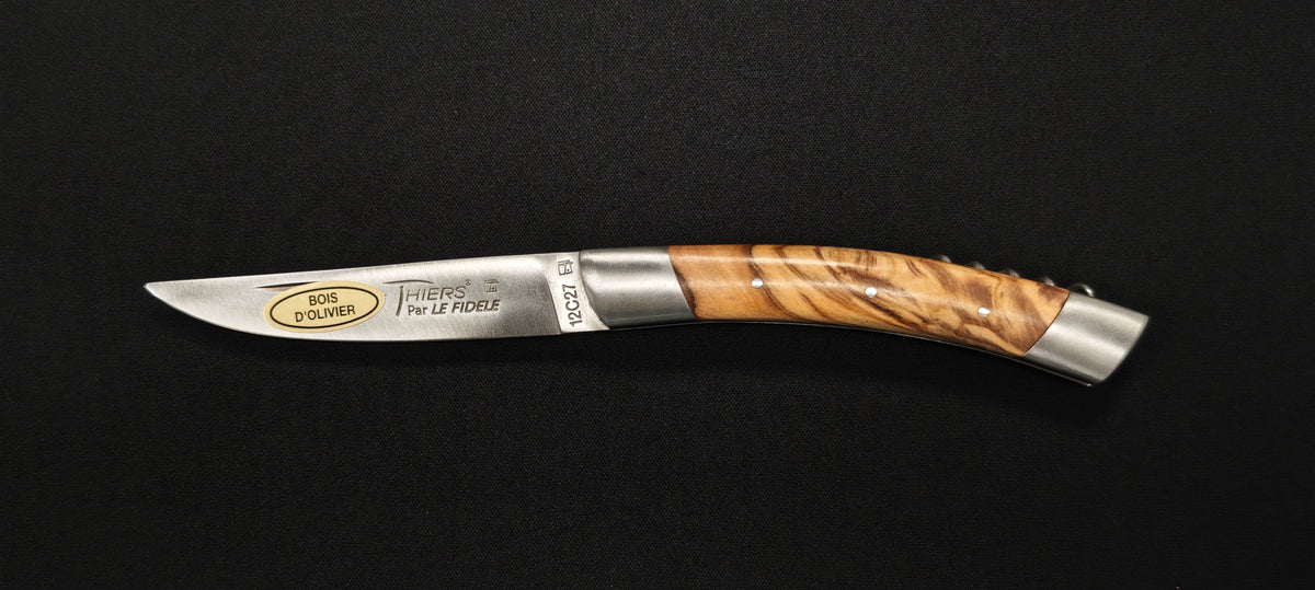 Couteau pliant Le Thiers par le Fidèle - Manche en bois d'olivier avec tire bouchon