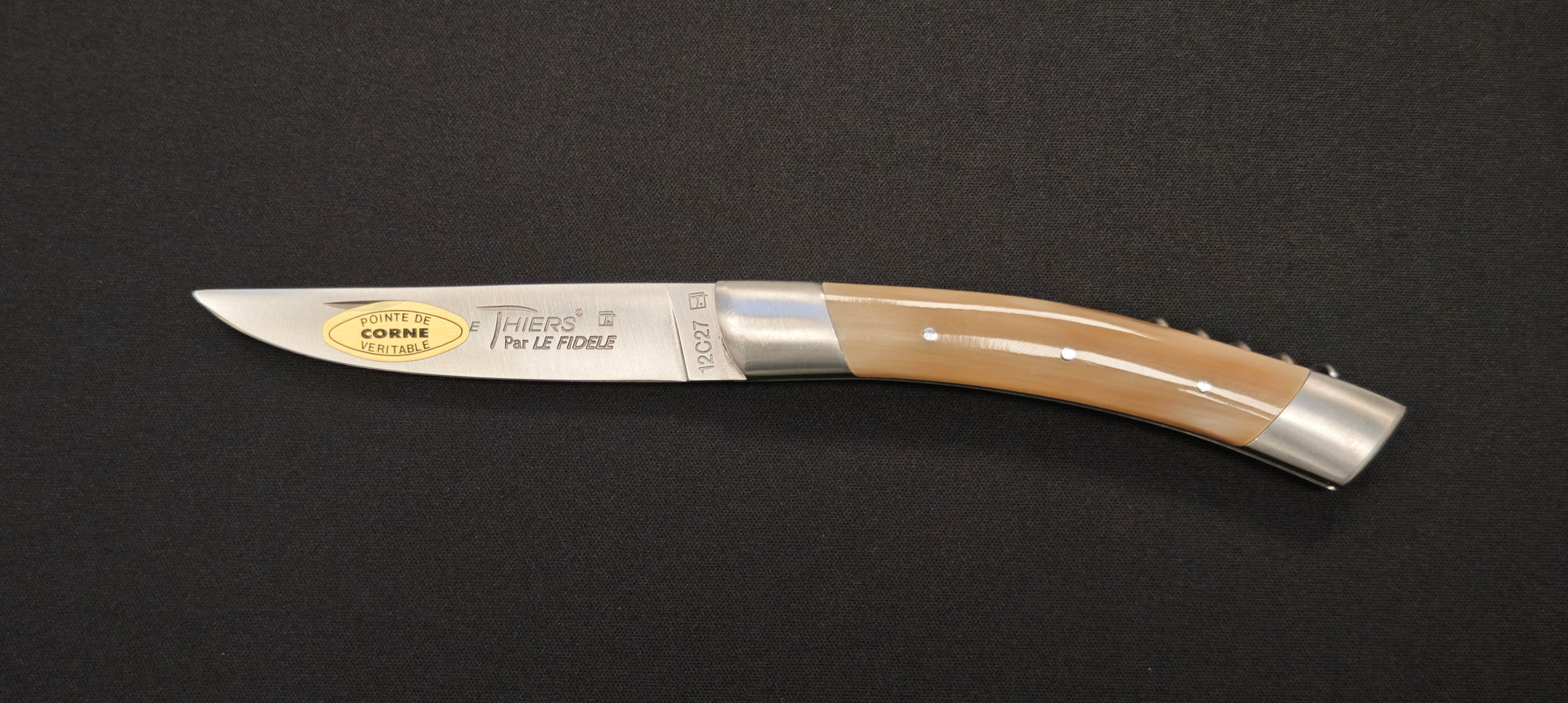Couteau pliant Le Thiers par le Fidèle - Manche en pointe de corne véritable avec tire bouchon