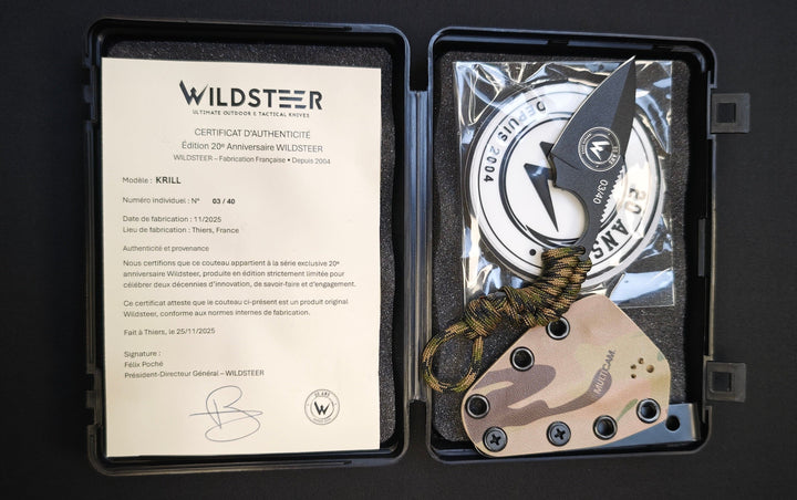 Wildsteer KRILL — couteau fixe 11,5 cm, lame 5 cm, acier 14C28N - Edition 20ème anniversaire - Série 03/40