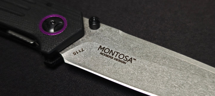 Manche G10 noir avec accents violets du CRKT Montosa.