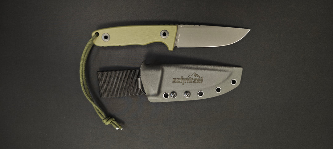 Schnitzel TRI OD : Couteau outdoor/buschcraft – Manche G10 kaki