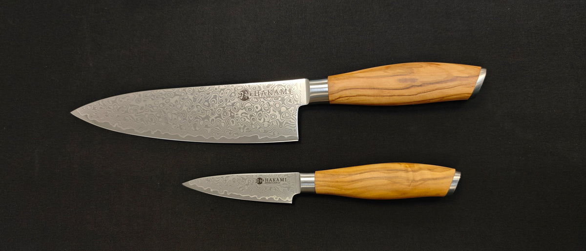 Set Hakami Tsubaki HATSU14 de deux couteaux en acier Damas.
