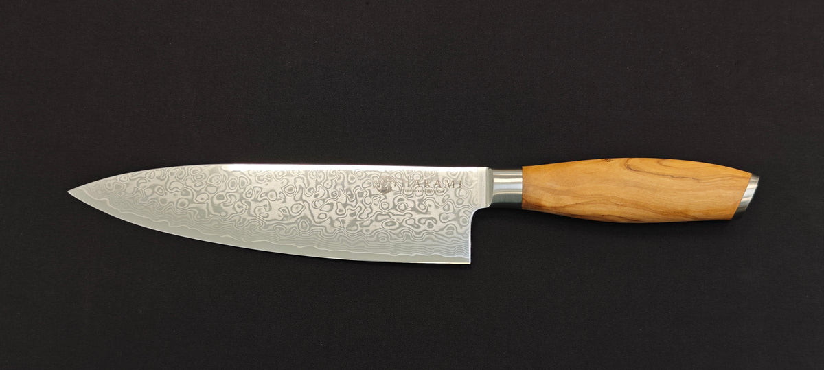 Couteau de chef Hakami Tsubaki HATSU4 avec manche en bois d’olivier.