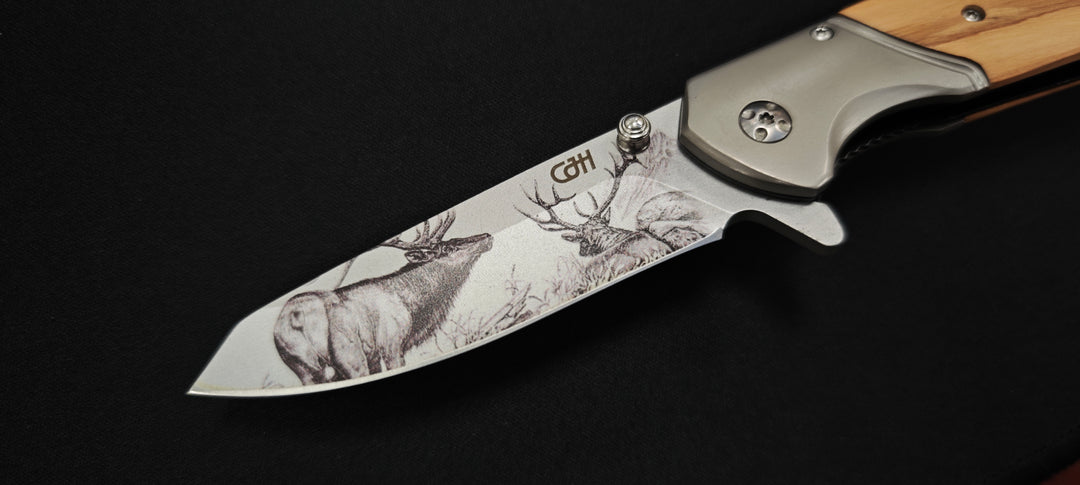 Couteau pliant Herbertz CJH - Manche Olive Wood – Design Cerf 3D