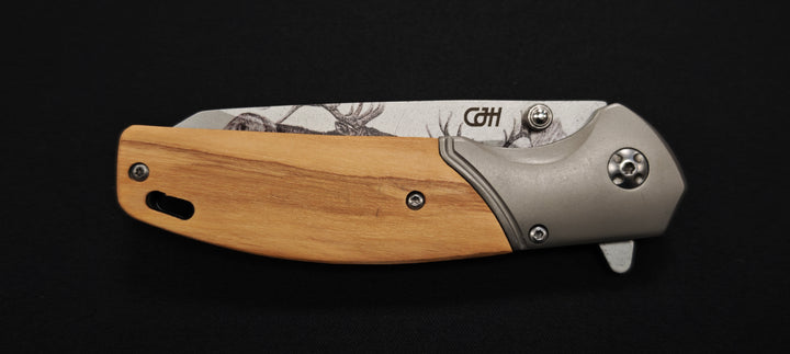 Couteau pliant Herbertz CJH - Manche Olive Wood – Design Cerf 3D