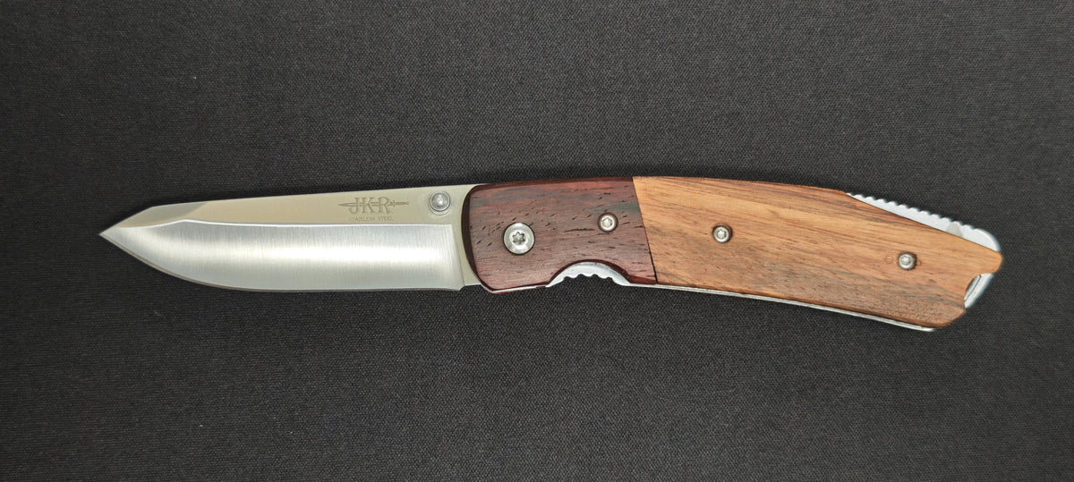 Couteau pliant JKR0789 avec manche en bois de zébrano et bois rouge.
