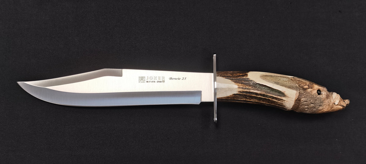Couteau Bowie Joker CTJ-101 avec manche en bois de cerf sculpté.