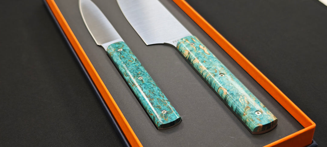 Perceval - Set de 2 couteaux - Couteau demi chef "éminceur" 15cm - office 10cm - Manche loupe de bouleau bleu stabilisé | 947