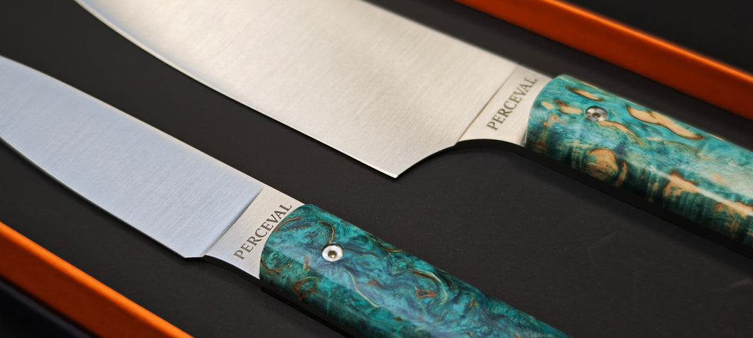 Perceval - Set de 2 couteaux - Couteau demi chef "éminceur" 15cm - office 10cm - Manche loupe de bouleau bleu stabilisé | 947