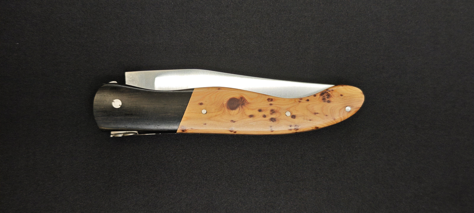 Détail de la lame en acier inoxydable du couteau de chasse Le Fidèle