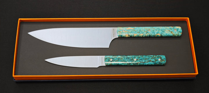 Perceval - Set de 2 couteaux - Couteau demi chef "éminceur" 15cm - office 10cm - Manche loupe de bouleau bleu stabilisé | 947