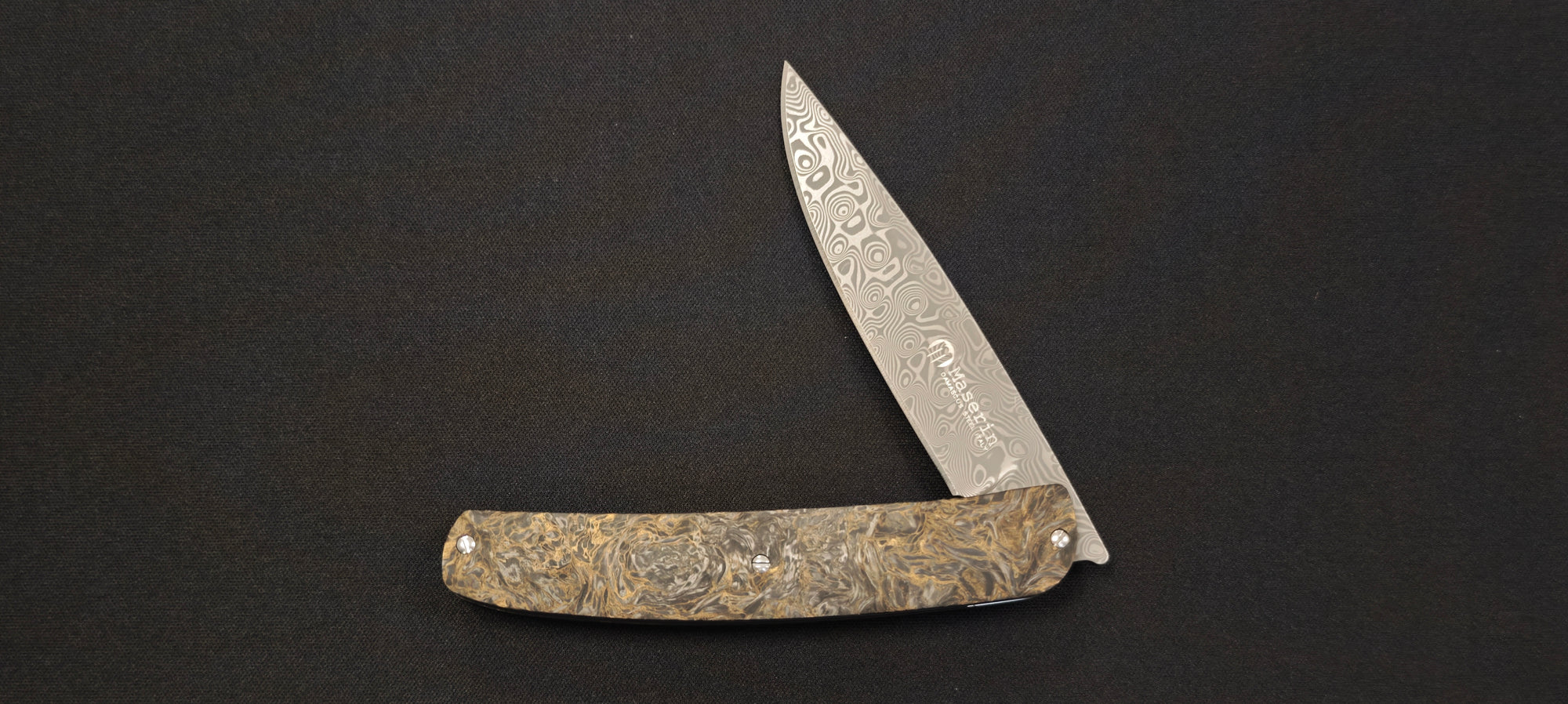 Maserin 381DG Mini Gourmet – Couteau Pliant Damascus Small Roses, Manche Noir-Or & Étui Cuir