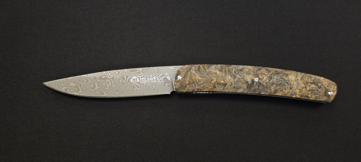 Maserin 381DG Mini Gourmet – Couteau Pliant Damascus Small Roses, Manche Noir-Or & Étui Cuir