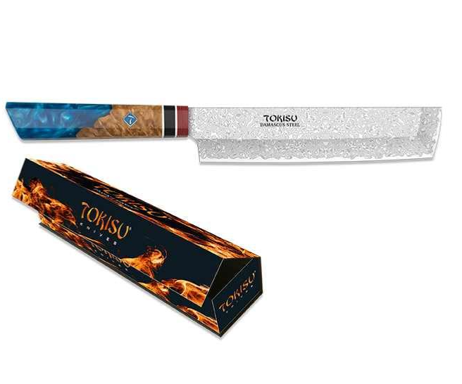 Tokisu 17458 Couteau Nakiri Tokisu Damas 18 cm – lame 67 couches, manche Staypak bleu/marron