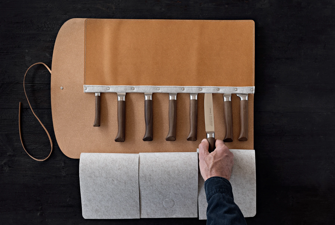 Natte de rangement 8 couteaux – cuir régénéré & feutrine recyclée (Malette vide)