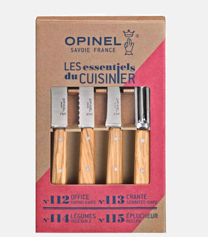 Coffret Opinel Les Essentiels du Cuisinier avec manches en bois d'olivier.