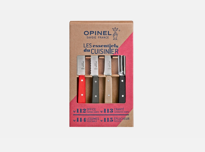 Coffret Opinel Les Essentiels Loft avec quatre outils de cuisine.