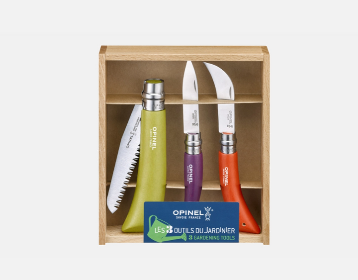 Coffret Jardinier Opinel avec trois outils de jardinage.