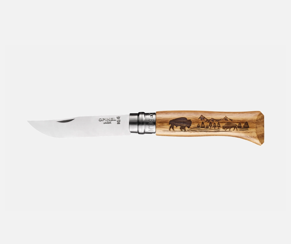 Opinel N°08 Animalia America Bison avec manche en chêne gravé.