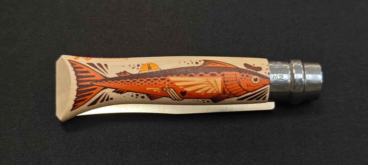 Boîte spécifique du Opinel N°08 Jeremy Fish édition limitée.