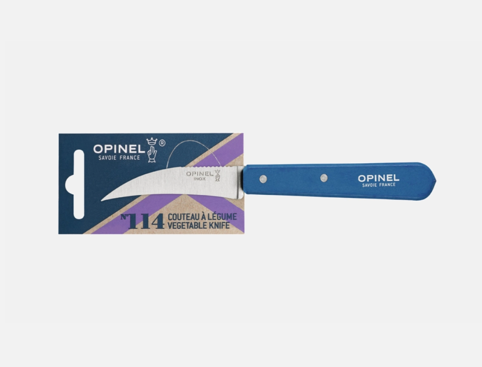Opinel N°114 Couteau à légumes bleu avec lame courbe en acier inoxydable.