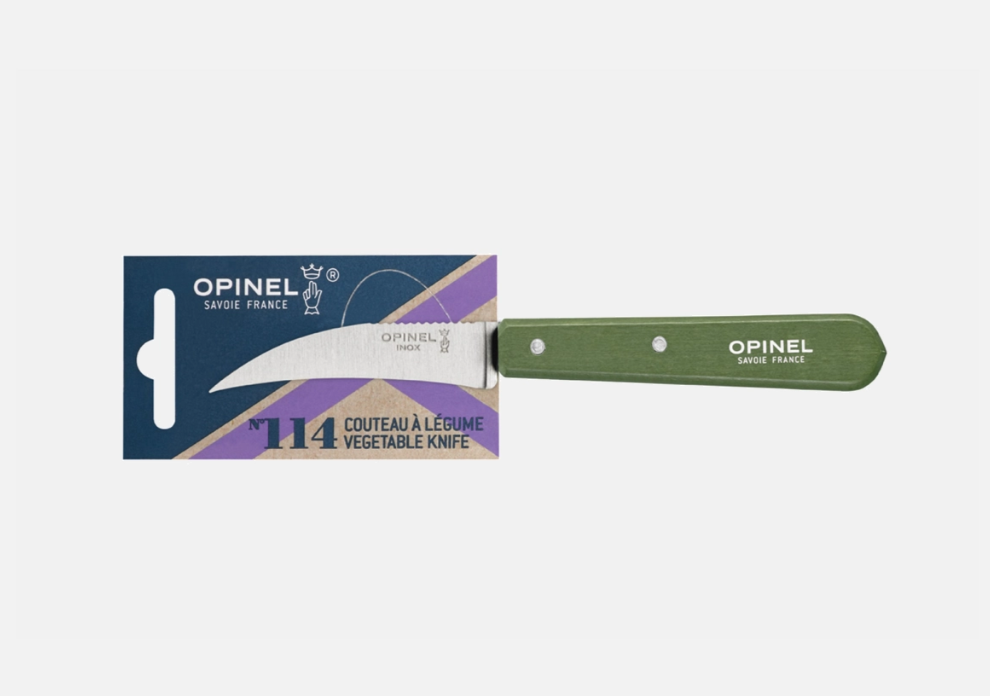 Opinel N°114 Couteau à légumes kaki avec lame courbe en acier inoxydable.