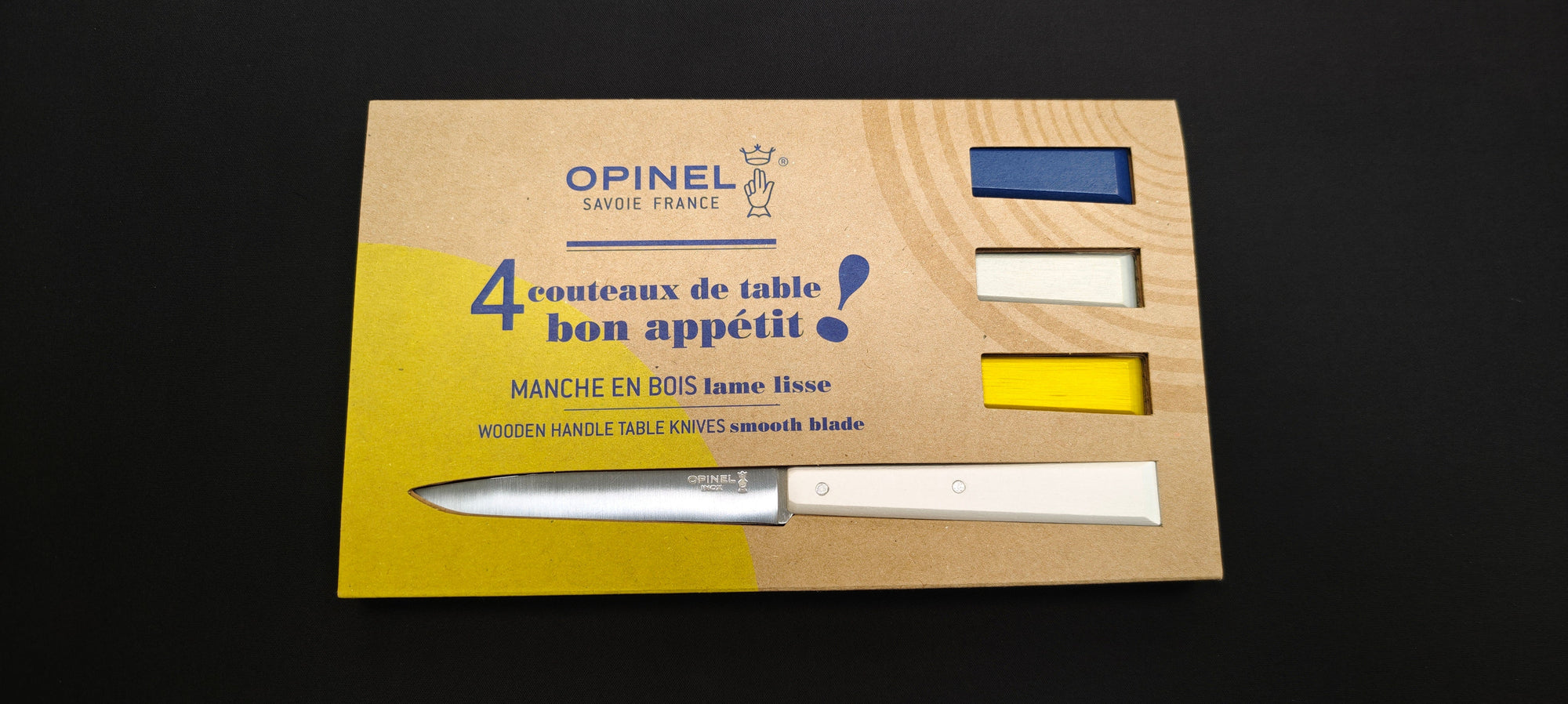 Coffret Opinel N°125 Bon Appétit Céleste de quatre couteaux de table.