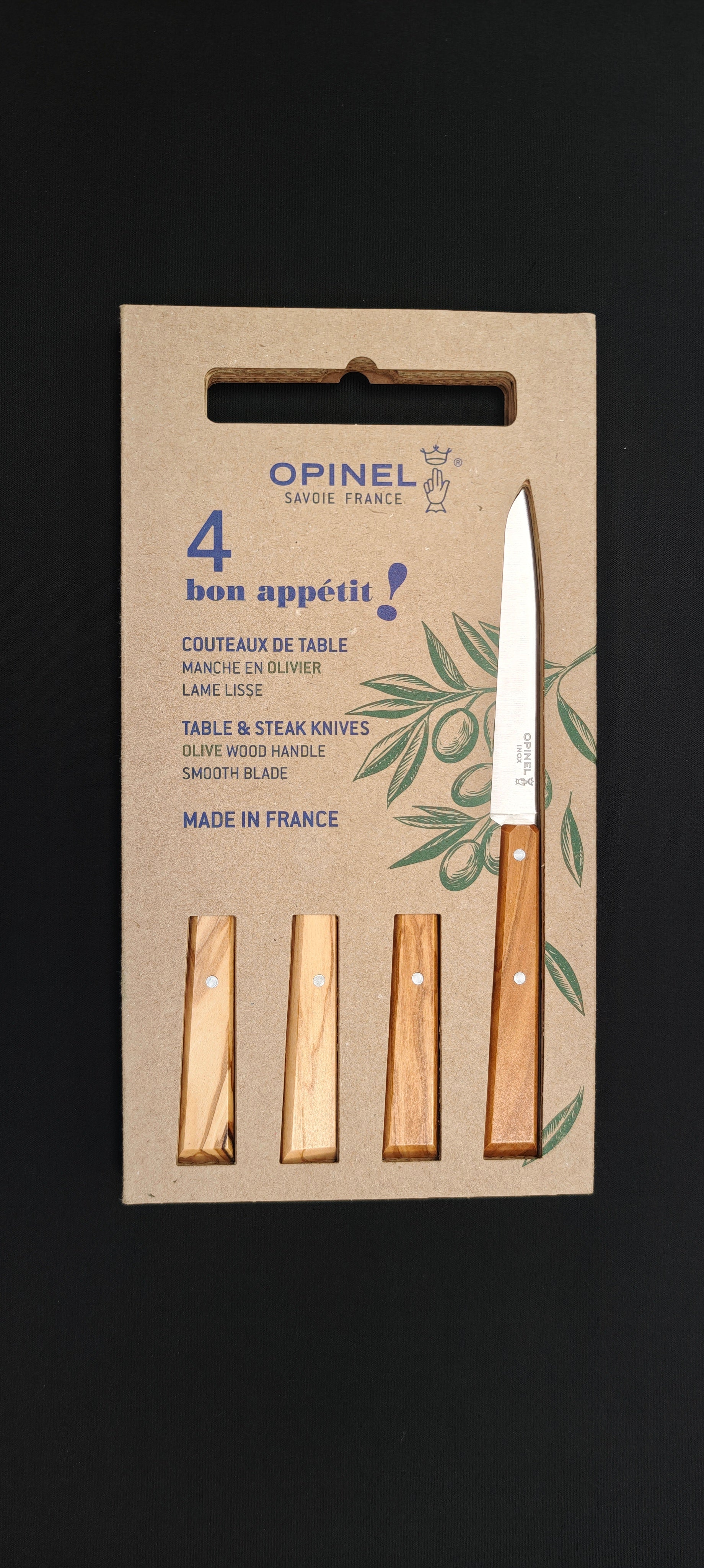 Coffret Opinel N°125 Bon Appétit avec quatre couteaux de table.