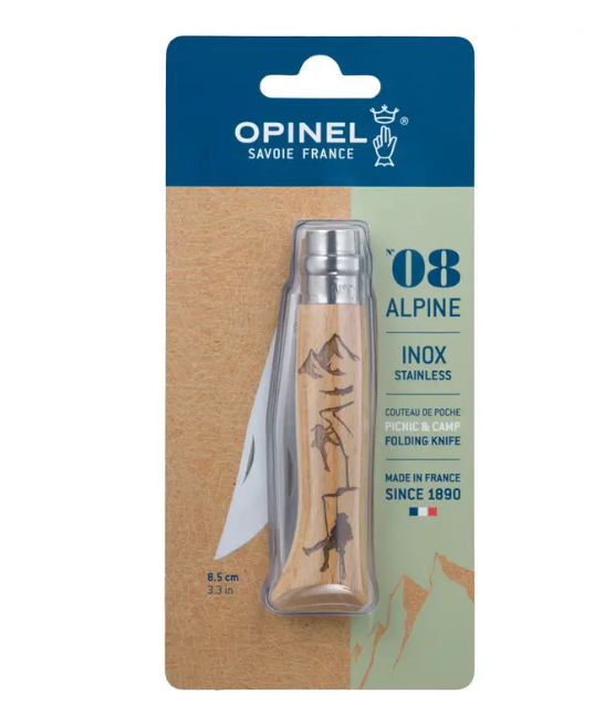 Opinel N°8 Sport « Gravé Escalade » – Couteau Outdoor - Manche Hêtre