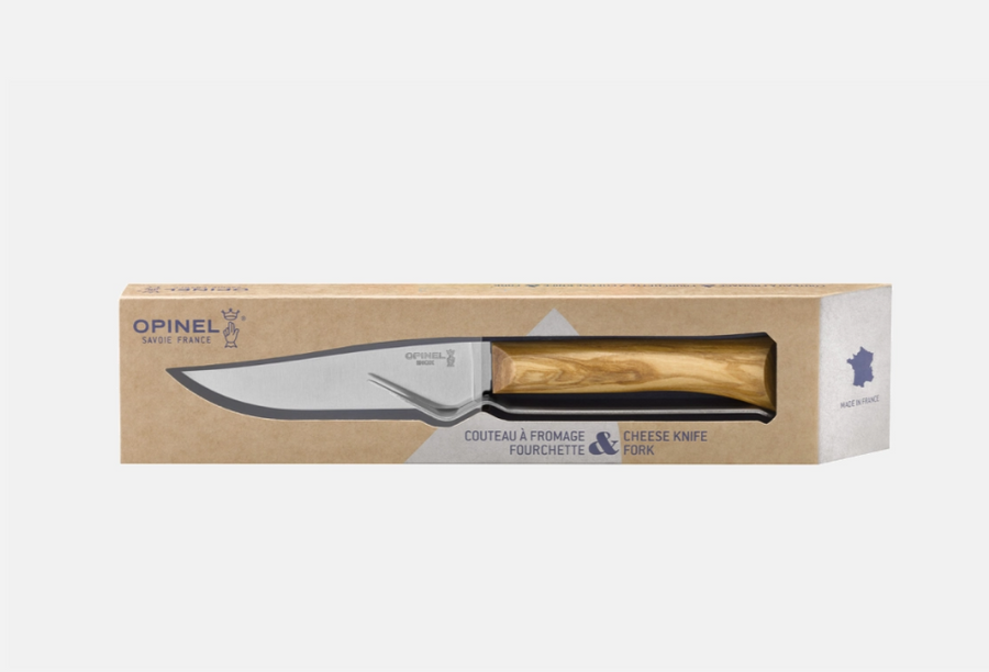Set fromage Opinel avec couteau et fourchette manche en bois d'olivier.