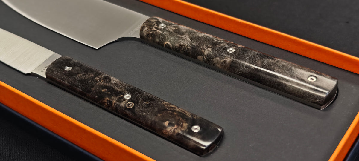 Couteau Perceval Éminceur 15 avec manche en bouleau noir stabilisé.