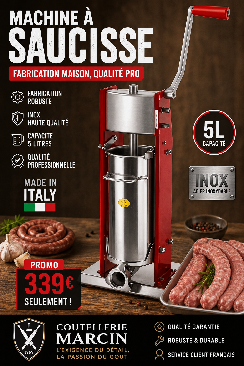 Tre Spade MOD 5V Classique, poussoir à saucisse vertical manuel de 5 L