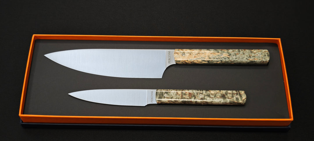 Perceval - Set de 2 couteaux - Couteau demi chef "éminceur" 15cm - office 10cm - Manche loupe de bouleau noir stabilisé | 947