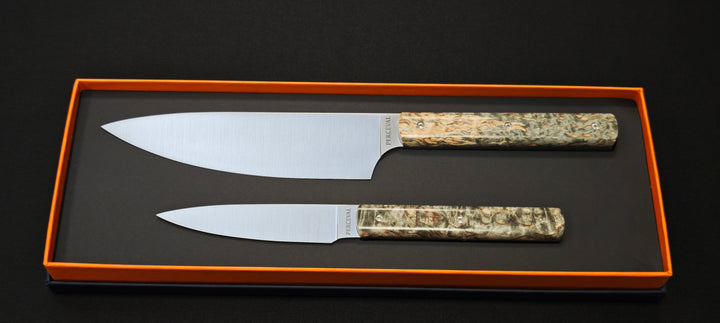 Perceval - Set de 2 couteaux - Couteau demi chef "éminceur" 15cm - office 10cm - Manche loupe de bouleau noir stabilisé | 947