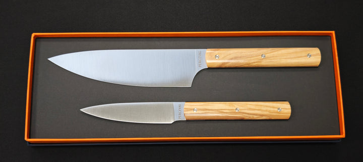 Perceval - Set de 2 couteaux - Couteau demi chef "éminceur" 15cm - office 10cm - Manche olivier | 947