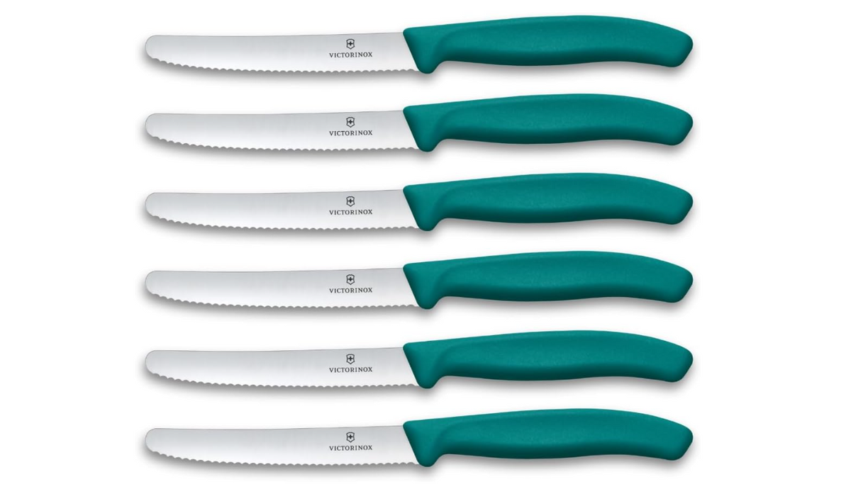 Six couteaux Victorinox à lame dentée avec manche vert Kale.