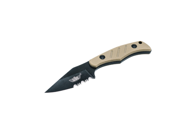 UZI Tactical Neck Knife – Couteau de Cou Manche kaki,lame dentelée - Fourreau Kydex