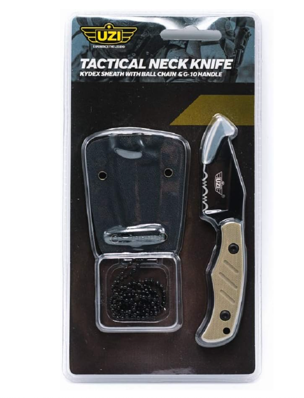 UZI Tactical Neck Knife – Couteau de Cou Manche kaki,lame dentelée - Fourreau Kydex