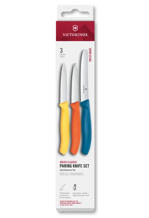 Set Victorinox 6.7116.32C1 de trois couteaux d’office jaune orange et bleu.