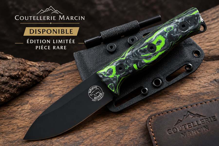 Couteau fixe White River Knives édition limitée avec manche vert et noir, disponible chez Coutellerie Marcin