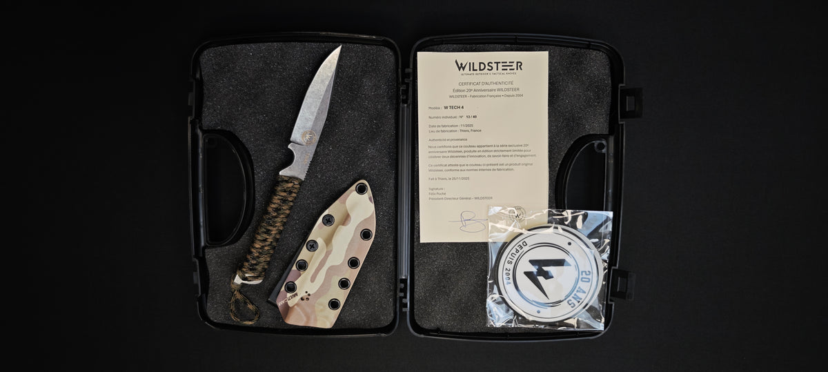 WILD TECH 4 – Couteau tactique SANDVIK 14C28N avec brise-vitre manche Paracorde & étui Kydex - 20 ème anniversaire Numéroté : 13/40