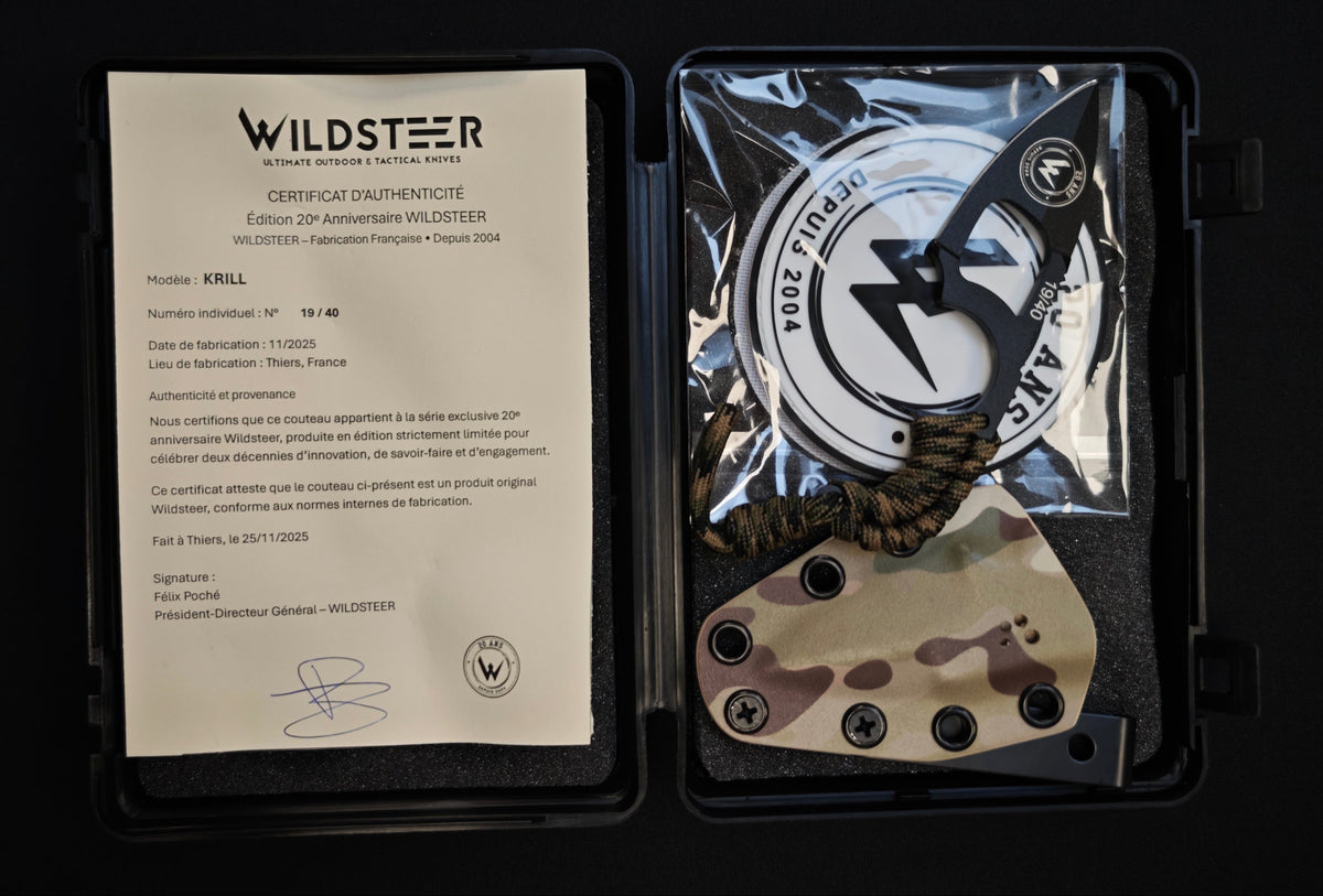 Wildsteer KRILL 20ᵉ Anniversaire – Couteau EDC Édition Limitée - Lame noir Évidée - Époxy - Numéro 19/40