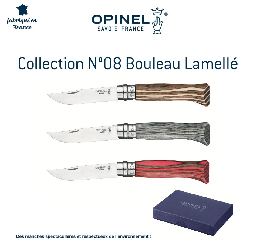 Opinel N°08 en bouleau lamellé brun avec bague Virobloc