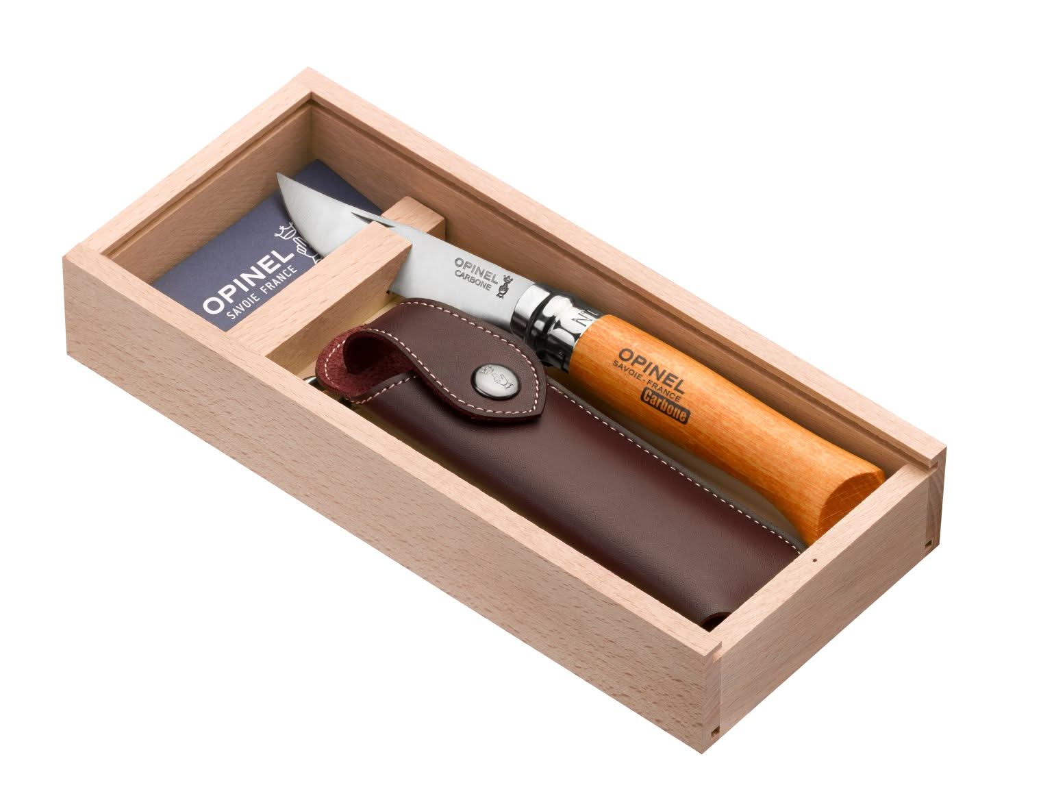 Opinel N°08 Carbone avec étui Alpine et plumier en bois – Coutellerie Marcin