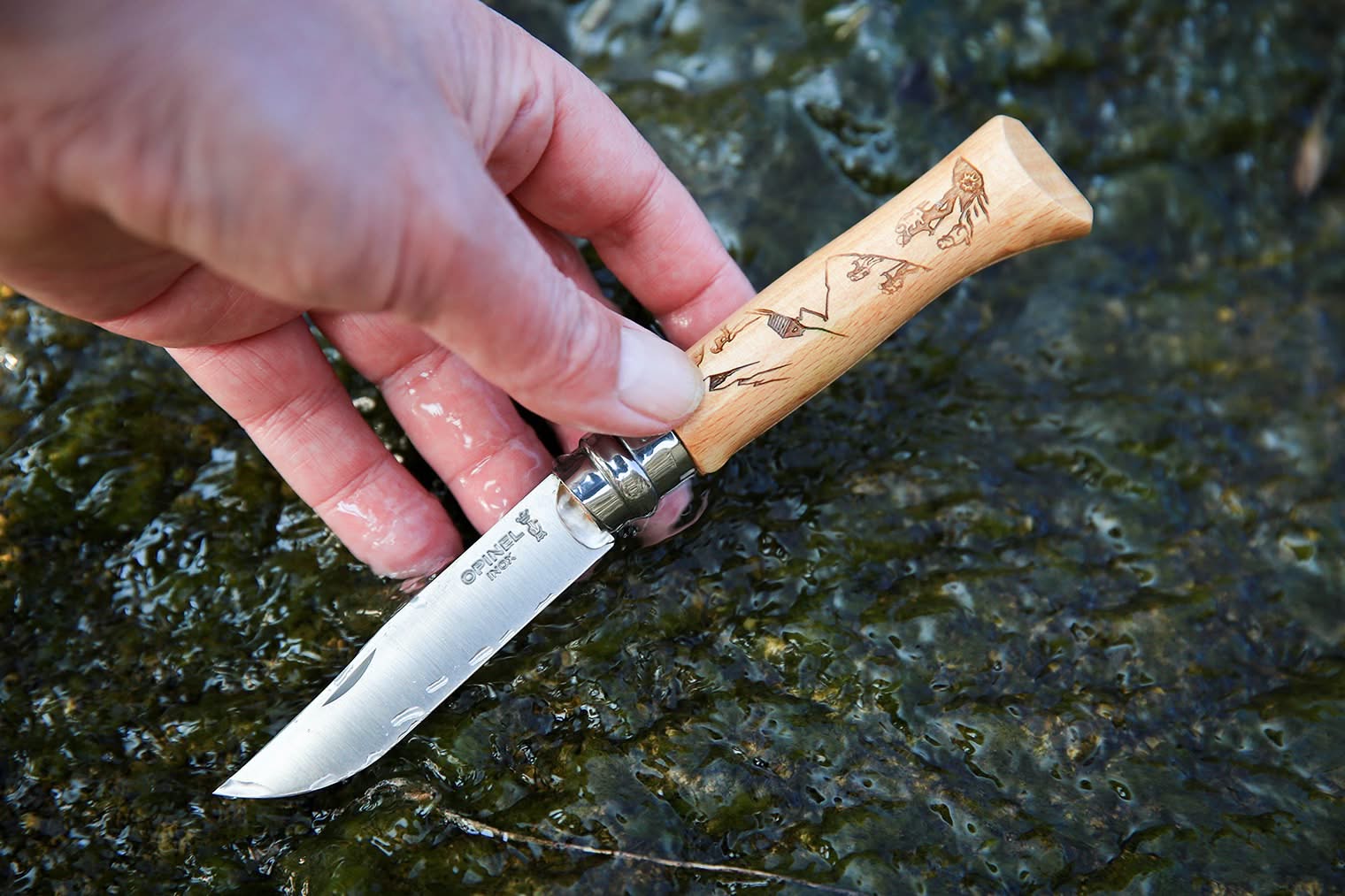 OPINEL Messer Nr. 8 GRAVURE Rando – Buchenholz, Rostfreier Sandvik-Stahl, Virobloc