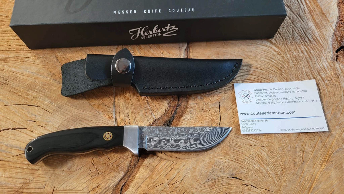 Herbertz , couteau à lame fixe damas avec étui cuir - 