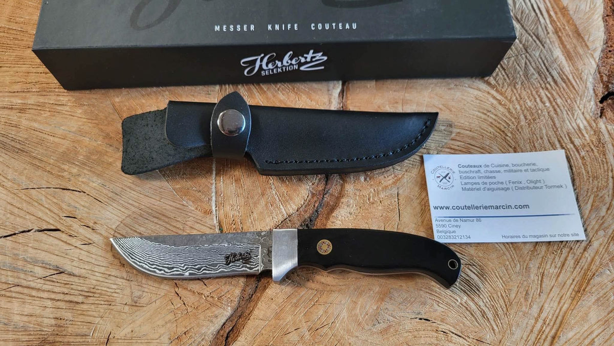Herbertz , couteau à lame fixe damas avec étui cuir - 