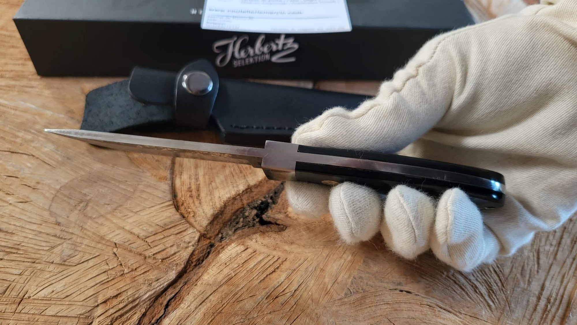 Herbertz , couteau à lame fixe damas avec étui cuir - 