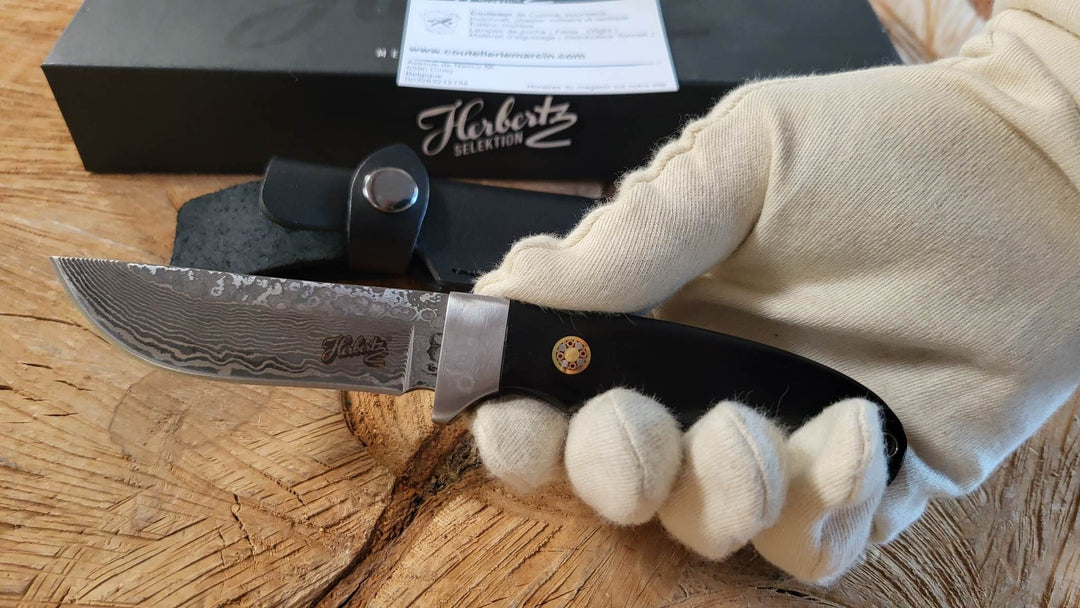 Herbertz , couteau à lame fixe damas avec étui cuir - 